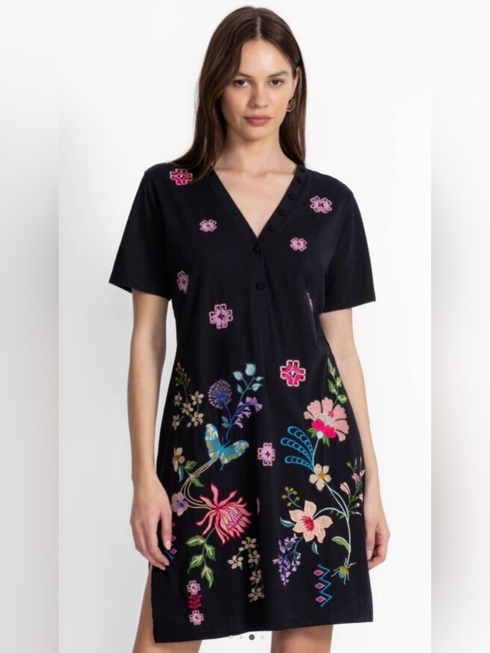 Johnny Was Black Midi Dress with Multicolor Floral & Butterfly Embroidery